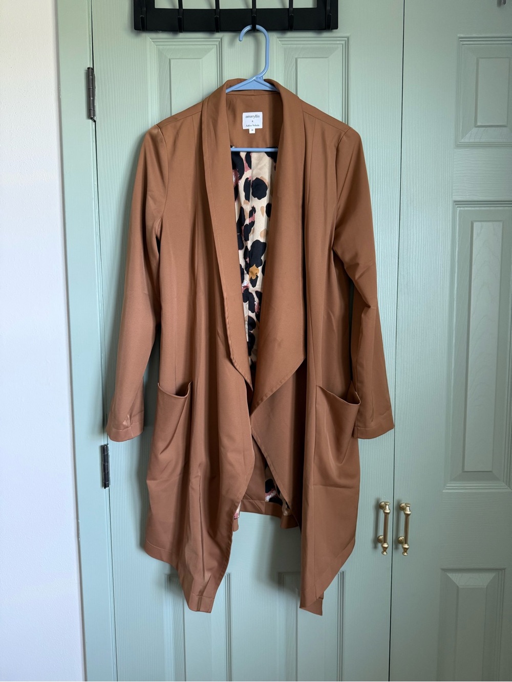 Amaryllis Caramel Brown Draped Open-Front Blazer with Leopard Lining